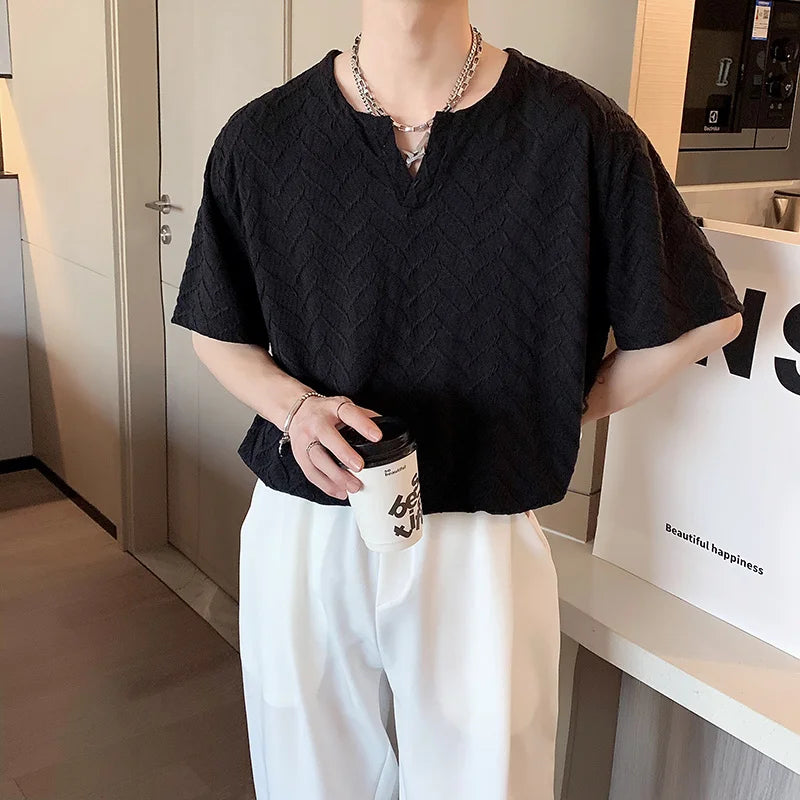 Voguable Summer Short-sleeved T-shirt Men Fashion Casual Black White Pleated T-shirt Men Streetwear Korean Loose V-neck T Shirt Men Tops voguable