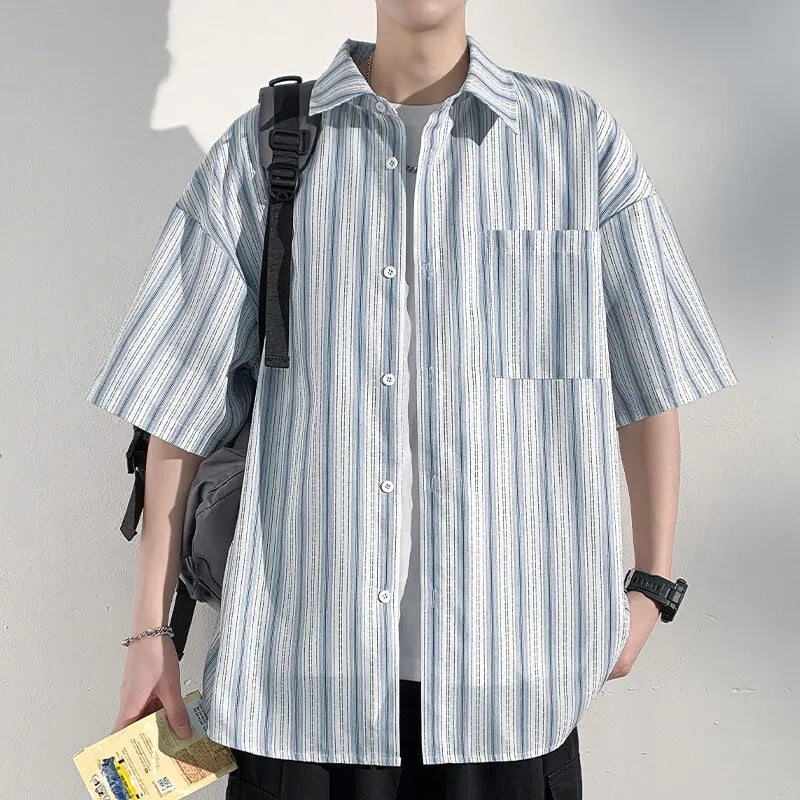 Voguable  Men's Casual Breathable Short Sleeve Shirt Vertical Stripe Color-Block Lapel Relaxed Fit Trendy Summer Style Top voguable