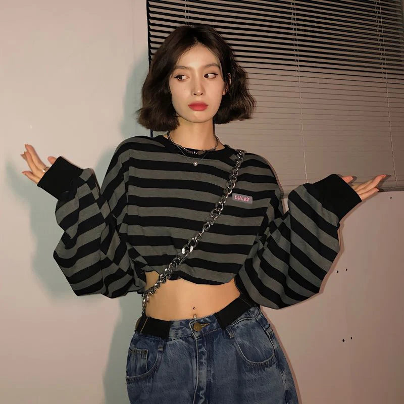 Voguable Sexy Cropped Y2K Striped Sweatshirts Women Harajuku Gothic Tops Vintage Streetwear Casual Bf Oversize Long Sleeve Pullover voguable