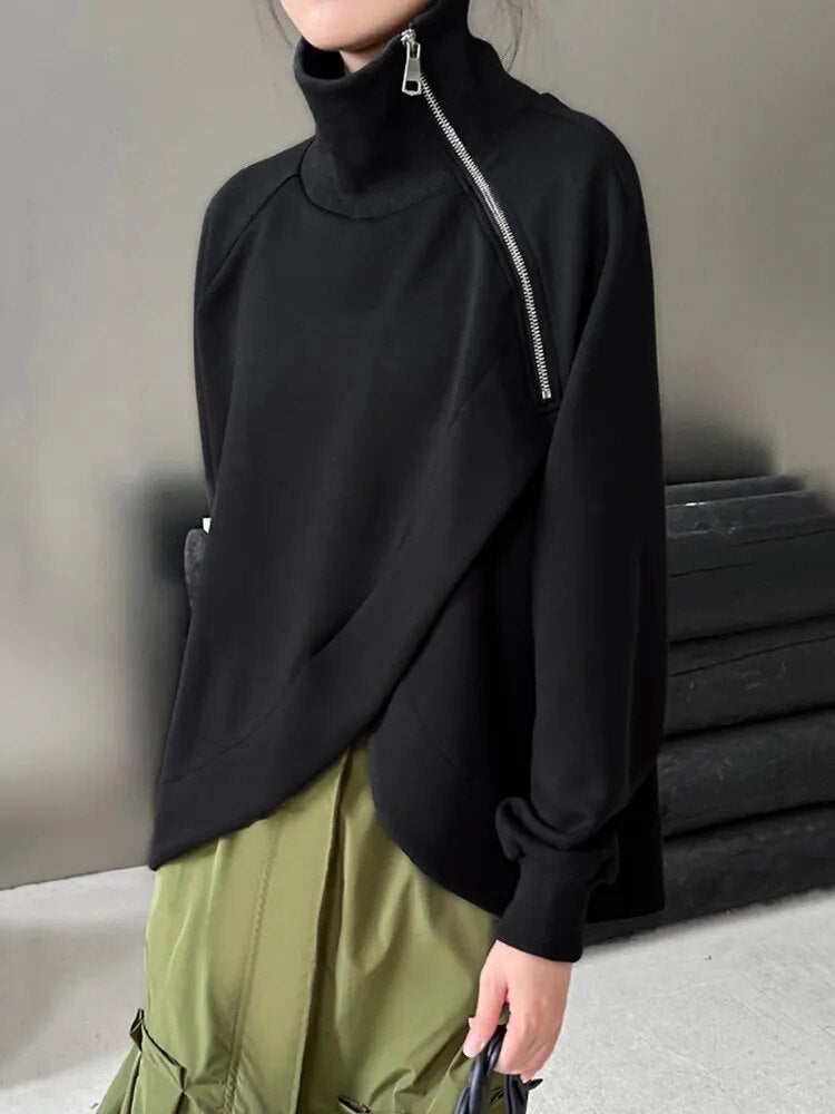 Loose Fit Black Zipper Irregular Sweatshirt New Turtleneck Long Sleeve Women Big Size Fashion Spring Autumn voguable