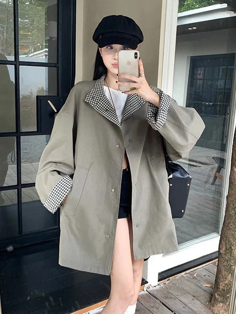 Korean Chic Elegant Jacket Women Loose Design Double Sided Wear Plaid Coat Fall Fashion Long Sleeve Sweet Pockets Outwear voguable