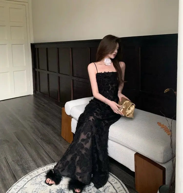 Voguable Black Sexy Party Midi Dress Women Summer See-through Strap Y2k Dress Female Lace Chic Korean Fashion Slim Vintage Dress 2024 New voguable