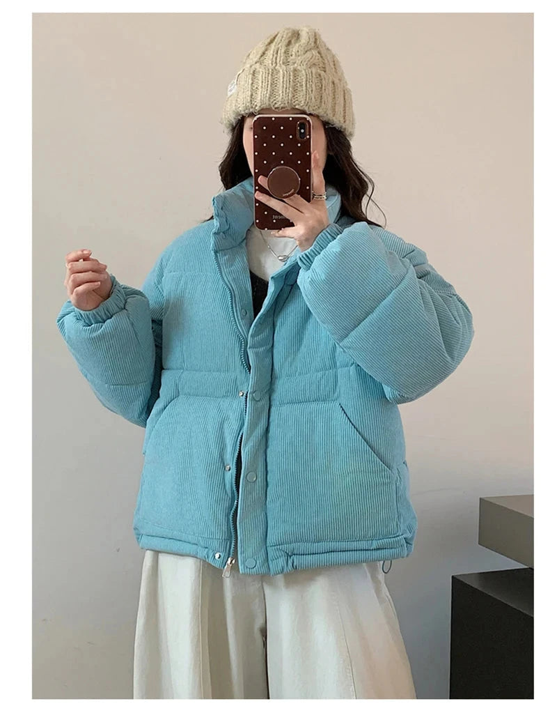 Women Sweet Corduroy Parkas Warm Long Sleeve Retro Stand Collar Cotton Coat Winter Thick Casual Preppy Style Korean Jacket voguable