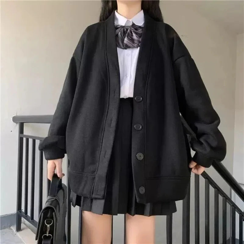 Japanese Preppy Style Autumn Winter New Coats Women V-Neck Solid Pockets Button Fashion Preppy Style Loose Cardigan Jackets voguable