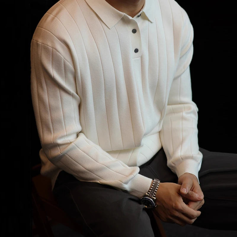 New Japanese Business Men Polo Sweater Light Luxury Knit Slim-fit Long Sleeve Pullover Premium Solid Color Basic Knitwear M-3XL voguable