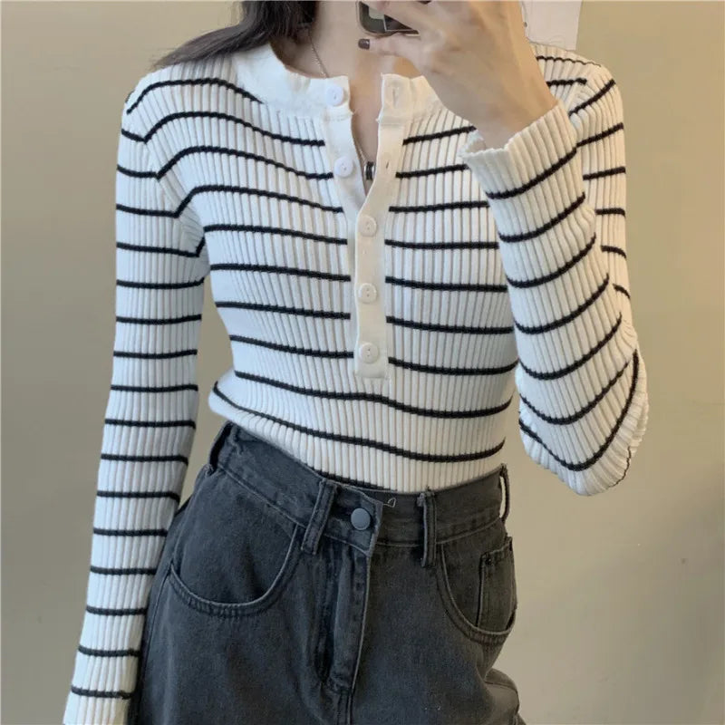 Voguable  Korean Fashion Stripe Knitted Tops Women Y2k Slim Fit Sweaters Mujer Early Autumn New Bottoming Pullovers voguable