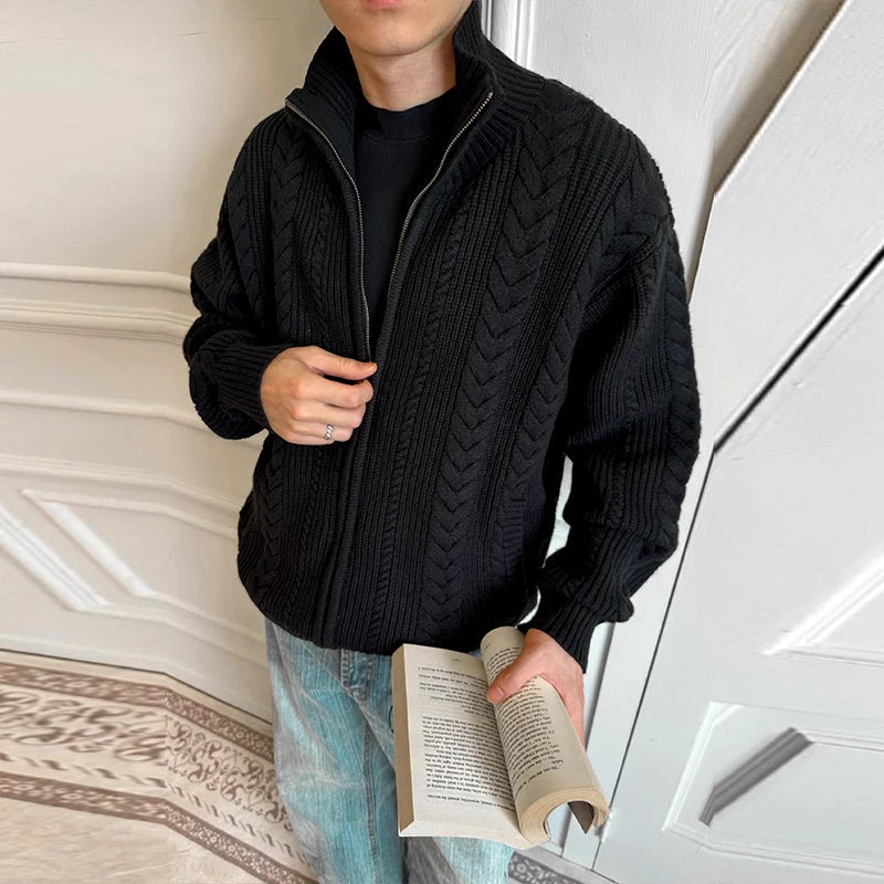 New Japanese Retro Men Cardigan Jacket Winter Light Luxury Trendy Turtleneck Knit Zip-up Long Sleeve Sweater Coat Premium Outfit voguable