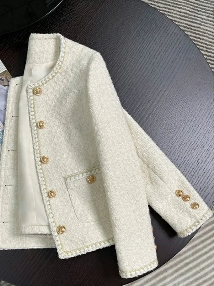 Chic White Tweed Jackets Women Korean Long Sleeve Sweet Coat Fashion O Neck Elegant Casual Female All Match Outwear Tops voguable