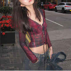 Grunge Crop Tops y2k Clothes Women Tie Dye Print Tie Front V Neck Long Sleeve Mesh T Shirts 2000s Clothing Streetwear voguable