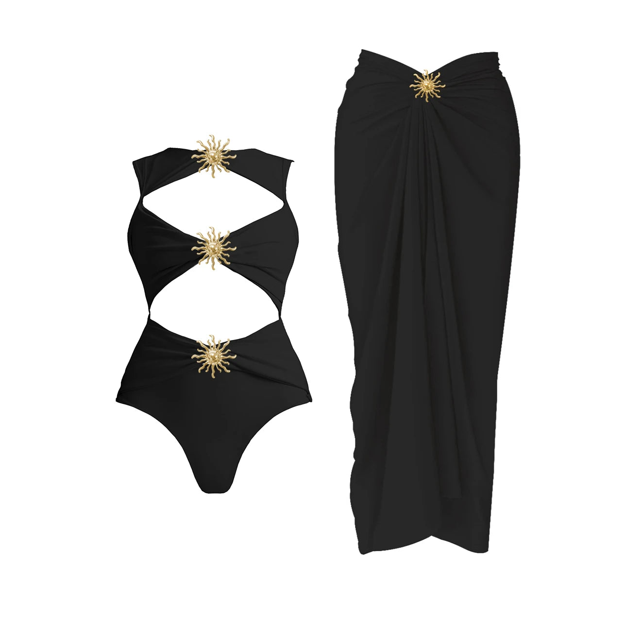 2Pieces Hollow Swimsuit With Long Skirt Women Sexy Swimwear Female Bikini Shiny Button Swim Suit White Bodysuit Beachwear Outfit voguable