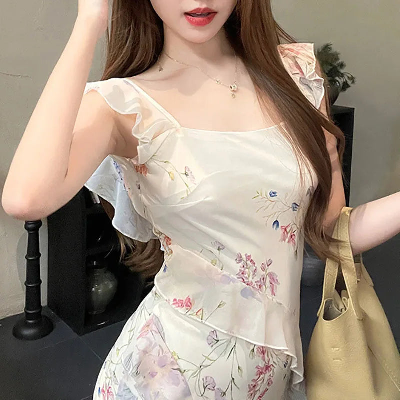 Fashion Ruffles Floarl Spaghetti Strap Dress Women's Sequare Collar Slim Fit Mid-calf Dresses Summer New 3A149 voguable
