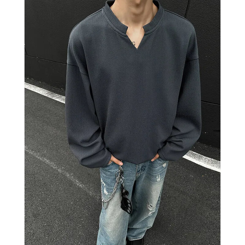 Long Sleeved T-shirt Men Fashion White Casual V-neck T Shirt Men Streetwear Korean Loose Pleated T Shirt Mens Top Plus Size 5XL voguable