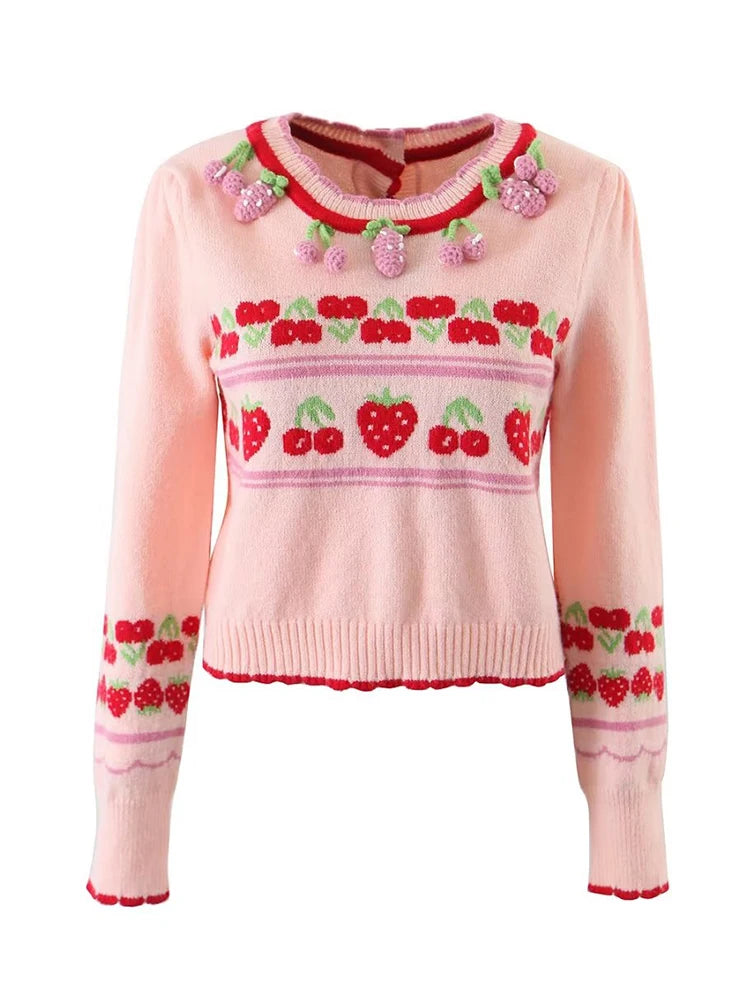 Voguable  New Fashion Women Sweet Pink Strawberry Cherry Thin Knit Sweater O Neck Long Sleeve Female Crop Pullover Autumn Tops voguable