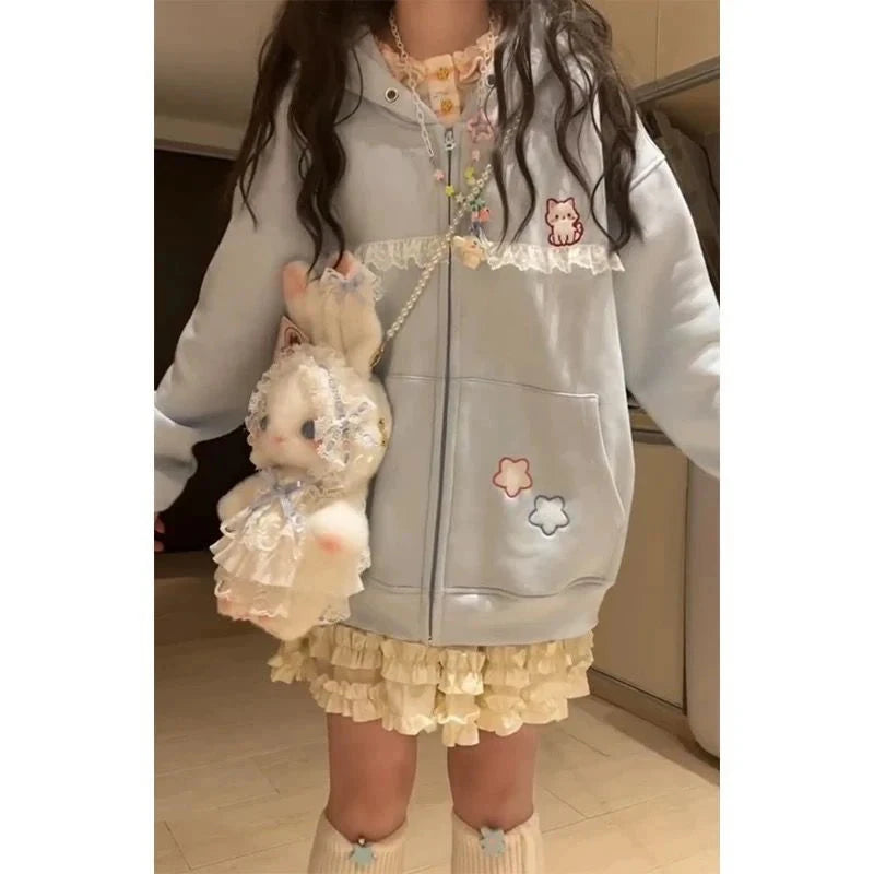 Women Cute Cartoon Hoodies Vintage Lace Patchwork Loose Sweet Sweatshirts Fall Preppy Style Japan Pockets Lady Kawaii Tops voguable