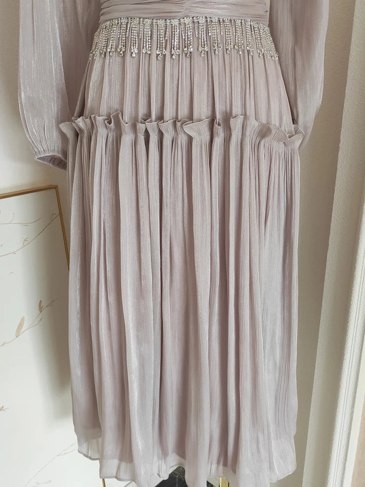 French Niche Design Diamond Spliced Pleats Bright Silk High Waist Dresses For Women Long Sleeve Maxi Dress New voguable