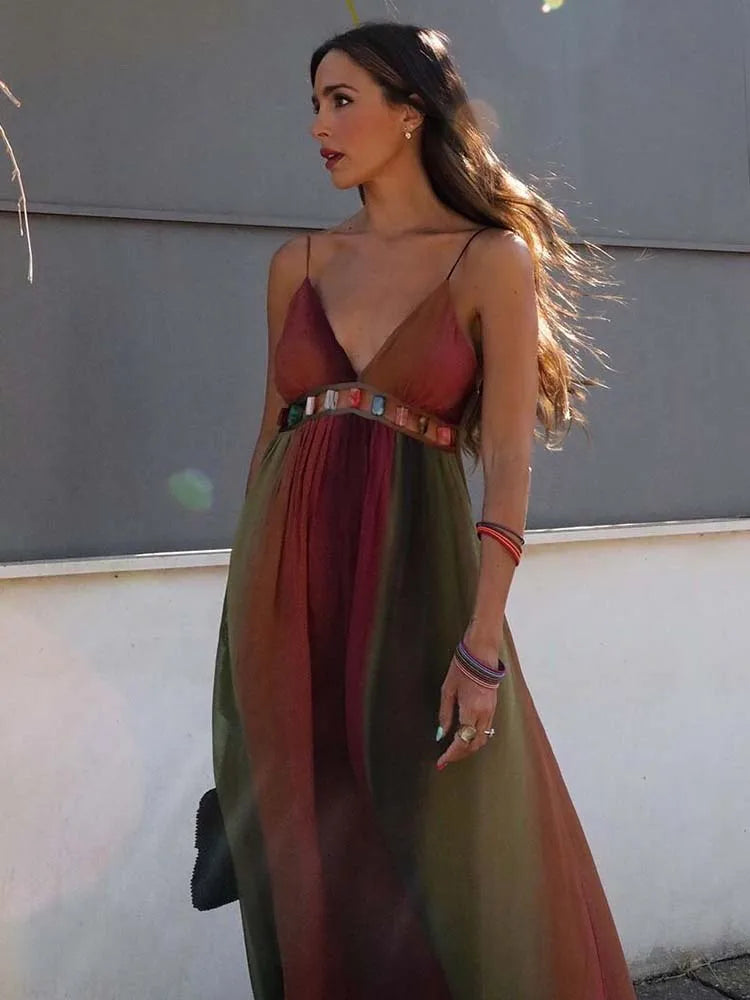 Sexy Backless Slip Long Chiffon Beach Sling Dress For Women Summer Vacation Contrasting V Neck Holiday Beachwear Dresses voguable
