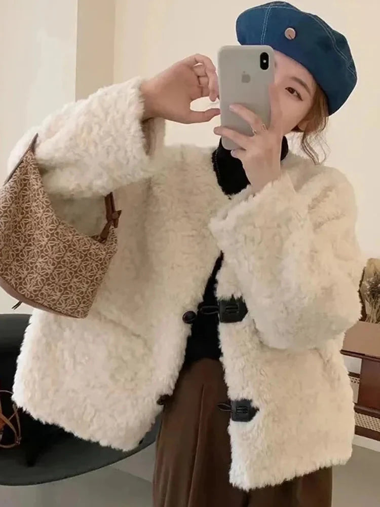 Korean Winter Faux Lamb Coat Women Slim Long Sleeve Warm Sweet Jacket Preppy Style Casual O Neck Female Cute Solid Tops New voguable