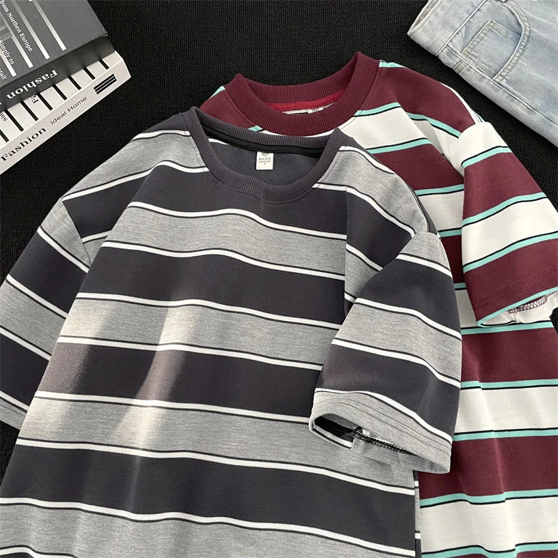 Voguable  Japanese Couple Color-blocking Short-sleeved T-shirt Hong Kong Style Loose Trend Striped Heavy Round Neck Half-sleeved T-shirt voguable