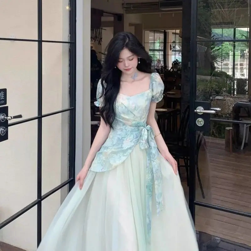 Voguable  Summer New Women's Romantic Fairycore Gradient Tulle Dress Square Neck Puff Sleeve Belted A-line Long Party Prom Dresses voguable