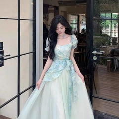 Voguable  Summer New Women's Romantic Fairycore Gradient Tulle Dress Square Neck Puff Sleeve Belted A-line Long Party Prom Dresses voguable