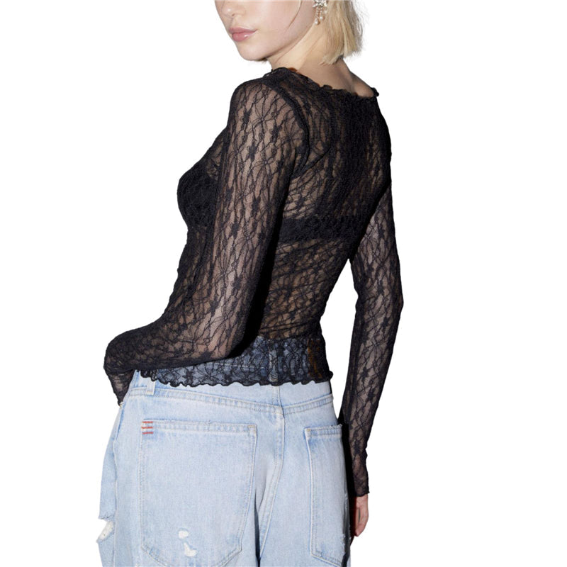 Lace Tops for Women y2k Clothes Sheer See Through Round Neck Long Sleeve Ruched T Shirt 2000s Clothing Party Clubwear voguable