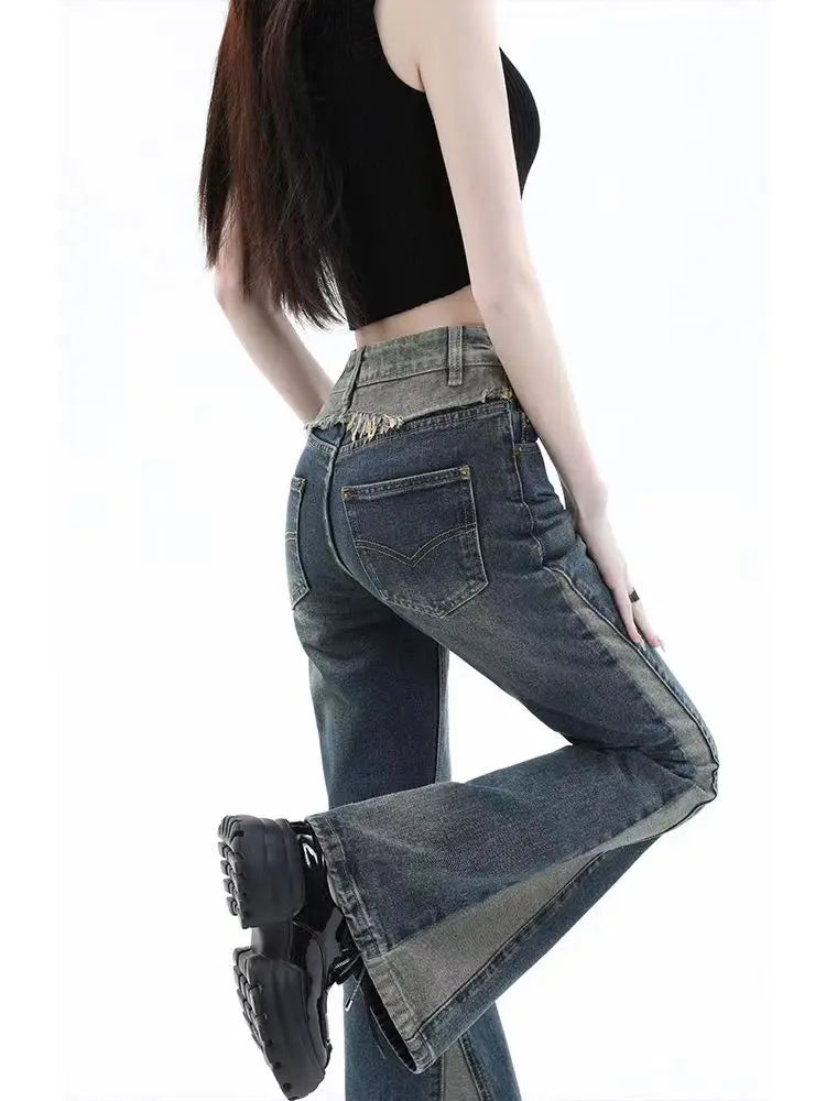 American High Street Spicy Girls Low Waist Jeans Women Autumn Vintage Y2k Design Sense Slim Fit Straight Tube Micro Flare Pants voguable
