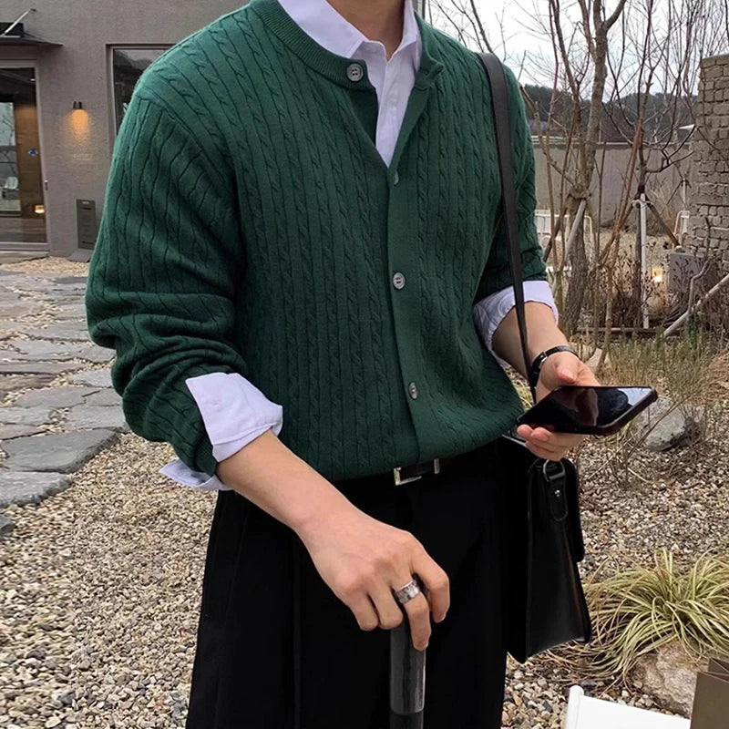 New Korean Fashion Men Cardigan Light Luxury Knitted O Neck Long Sleeve Sweater Coats  Autumn Leisure Premium Jacquard Knitwear voguable