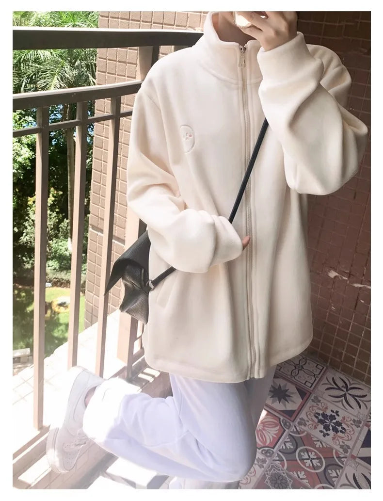 Women Zip Hoodie Thicken Fuzzy Fleece Sweatshirts Lamb Wool Zipper Thickened Oversize White Stand Collar Coats Soft Outerwear voguable