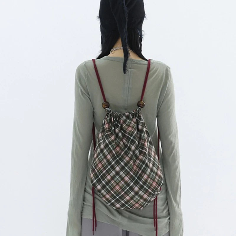 Patchwork Drawstring Vintage Plaid Backpack Y2k Aesthetic Women Grunge Schoolbags Streetwear Y2k Aesthetic Backpacks for Women voguable
