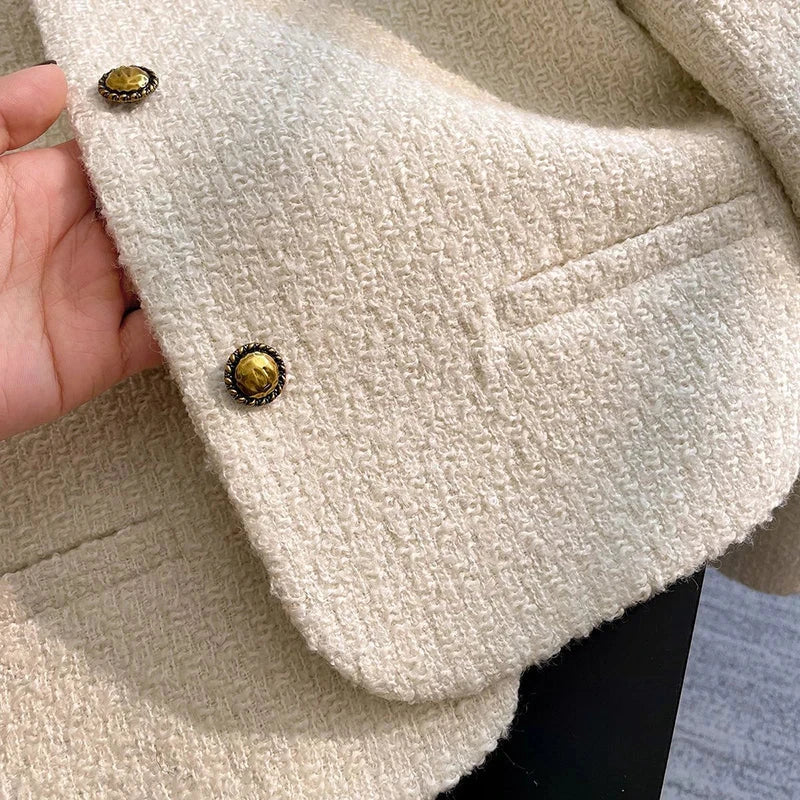 Slim Elegant Tweed Jacket Women Vintage Long Sleeve Sweet Short Coat French Casual Vintage Lady V Neck Single Breasted Tops voguable