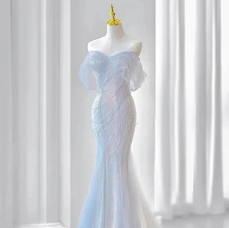 Voguable Gorgeous Purple Blue Celebrity Dresses Pearl Beading Chain Off the Shoulder Mermaid Glitter Sequins Floor Length Saudi Prom Gown voguable