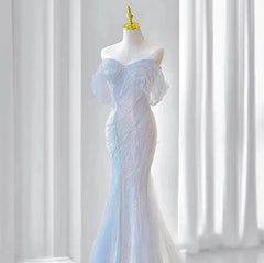 Voguable Gorgeous Purple Blue Celebrity Dresses Pearl Beading Chain Off the Shoulder Mermaid Glitter Sequins Floor Length Saudi Prom Gown voguable