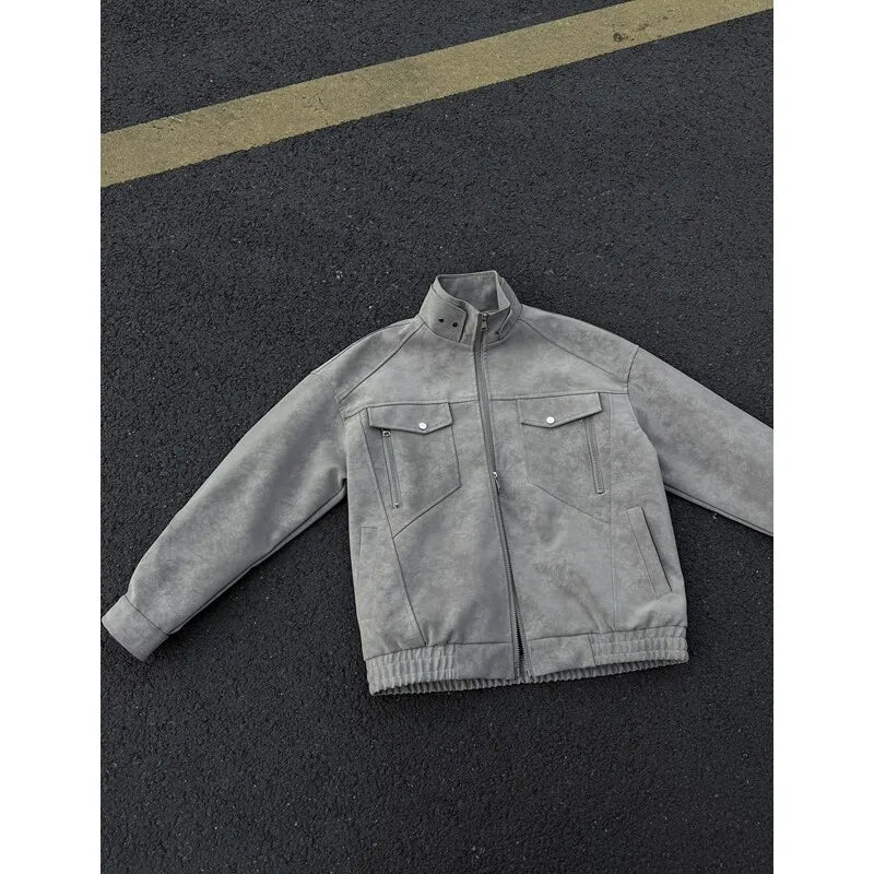 Mens Short Stand Collar Motorcycle Jacket Patchwork Cargo Biker Coat Spring Outdoor Riding Fashion Streetwear Urban Trendy voguable