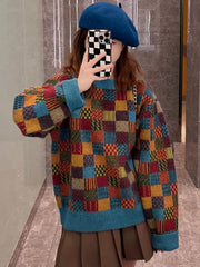 Voguable  Retro Harajuku Japan Plaid Sweater Women Streetwear Loose Knitted Tops Casual Loose O Neck Long Sleeve Bf Simple Pullover voguable
