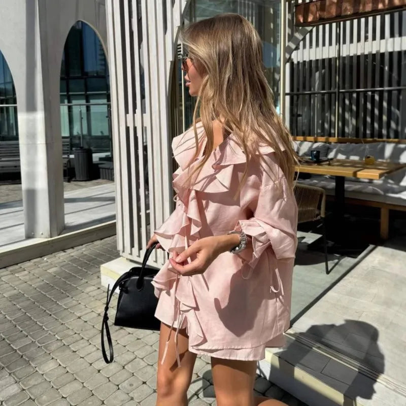 Ruffle Beige Simple Casual Women Sets V-neck Long Sleeve Shirts Top And Shorts Summer Outfits Vacation Chic Fashion 2 Piece Set voguable