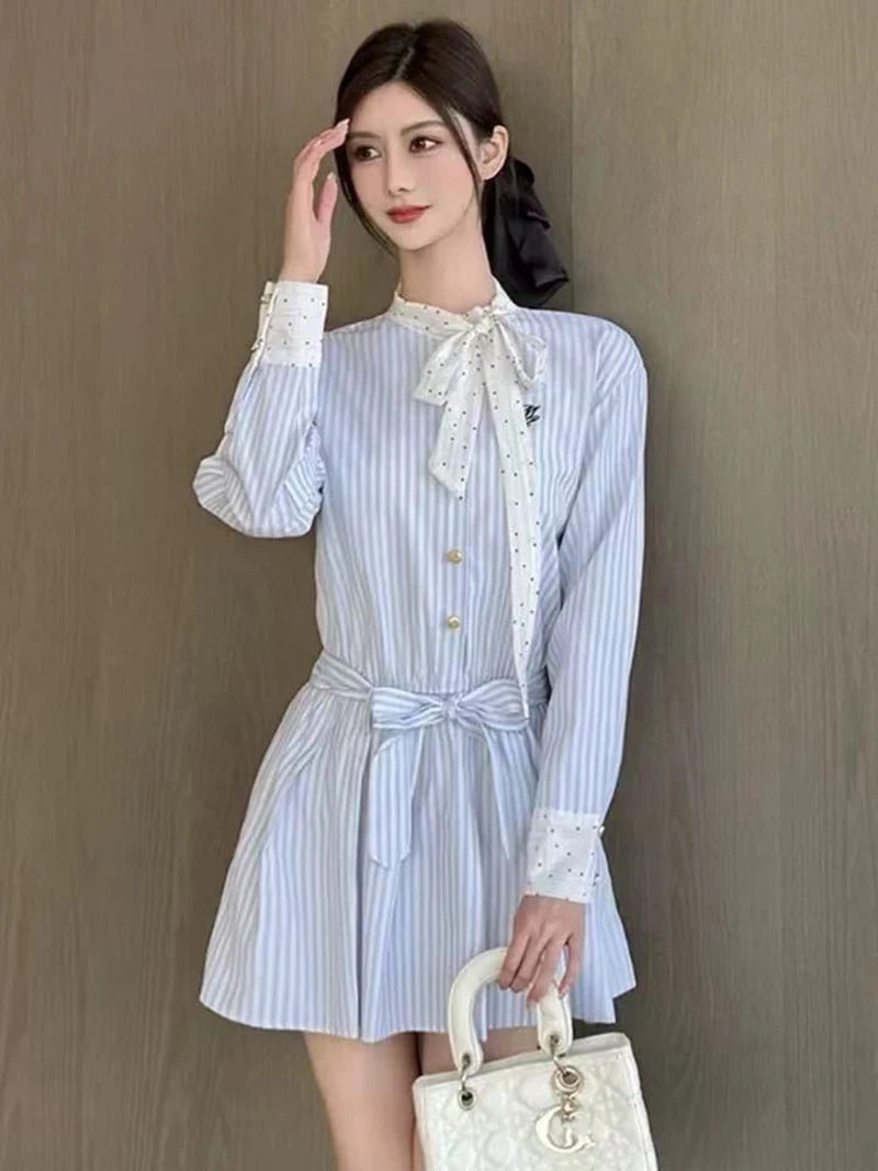 Korean Bow Striped Shirt Dress Women Casual Long Sleeve Elegant Sweet Mini Dress Vintage Patchwork Dot Female Design Dress voguable