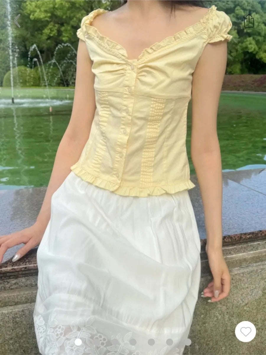 Voguable  Yellow Sweet Folds Blouse Casual Single Top Women Breasted Ruffle Sleeveless Tank Cute Casual Tops Vest Preppy Style Camis Y2K voguable