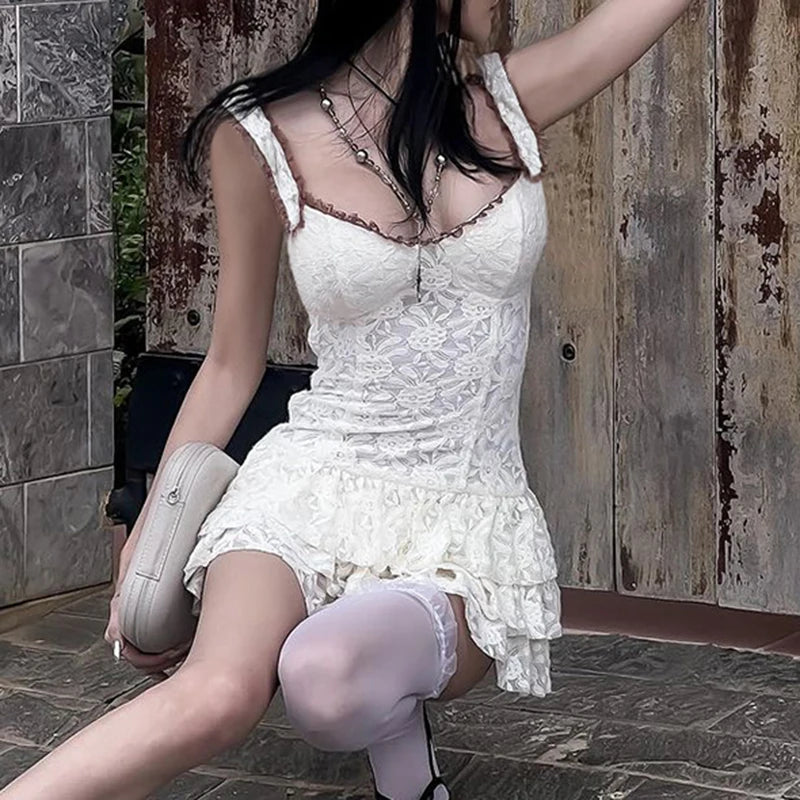 Voguable  French Style Contrast Ruched Tiered A-line Dress Holiday Party Cute Spaghetti Strap Sundress Beach Sexy Mini Robe Y2K voguable