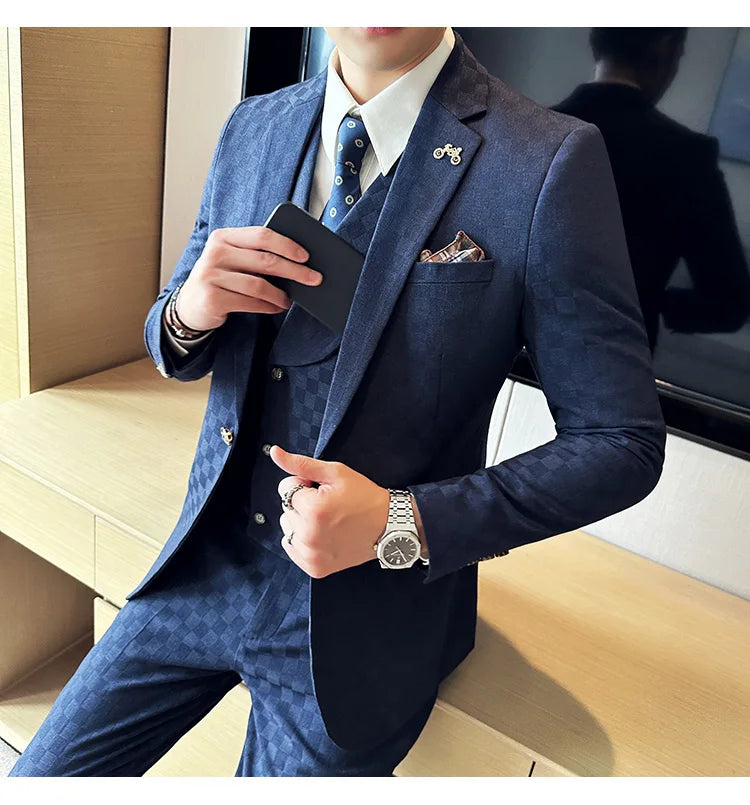 Voguable （Jacket+Vest+Pants）Classic Plaid Korean Slim-fit Men's High-end Banquet Dress Suit Fashion Men Formal Business Social Host Suit voguable