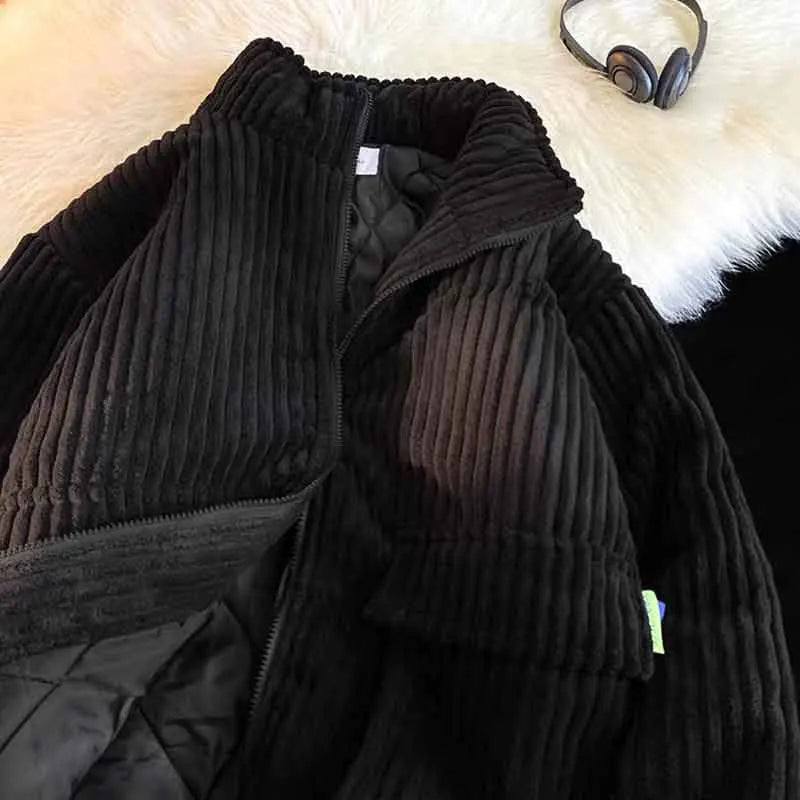 Winter Warm Corduroy Parkas Women Y2K Korean Streetwear Solid Stand Collar Puffer Jacket Bf Loose Preppy Zipper Fluffy Outwear voguable