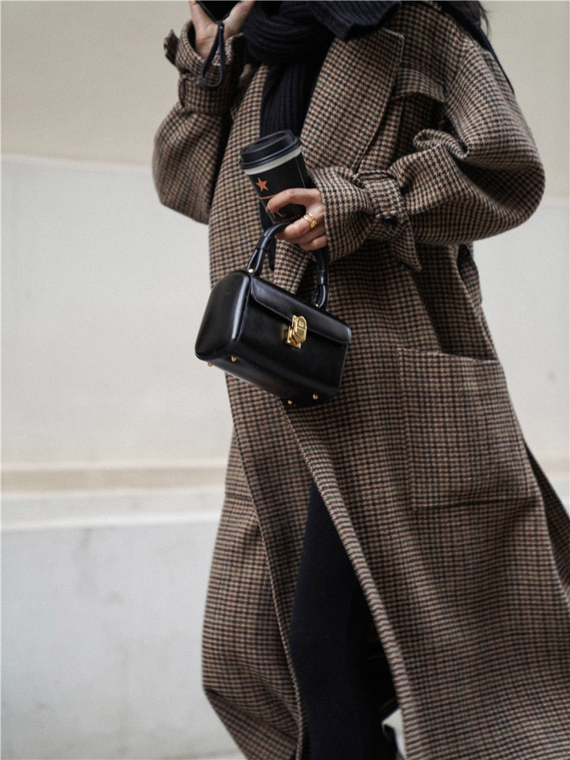 Autumn Winter Long Loose Stylish Warm Plaid Wool Blends Coat Women Sashes Luxury Designer Runway European Fashion voguable
