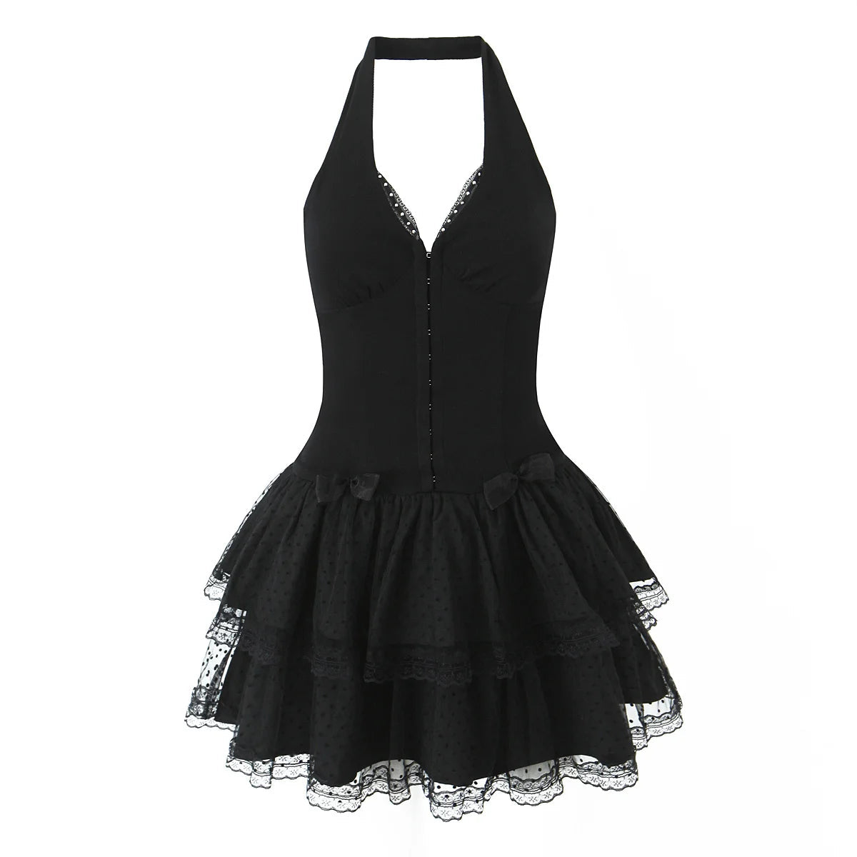 French Style Retro Spicy Girl Halter Mini Black Dress Women Fashion Backless Lace Spliced Bow Sexy Dresses Summer Robe voguable