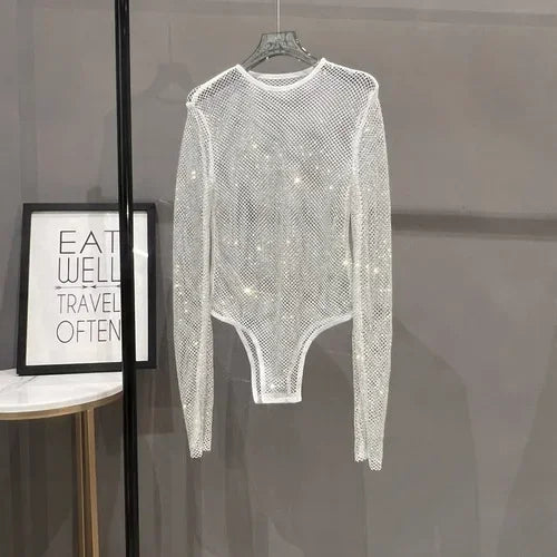 Voguable  Sexy Mesh Hollowed Out Jumpsuit T-shirt Rhinestone Round Neck Tight See-through One-piece Bottoming Shirt Ms voguable