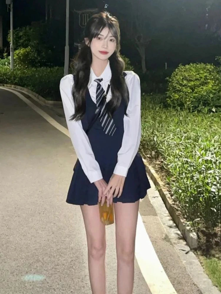 Voguable  Casual Korean Style Two-piece Dress Women 2023 Autumn White Long Sleeve Shirt Elegant High Street Sleeveless Mini Strap Dress voguable