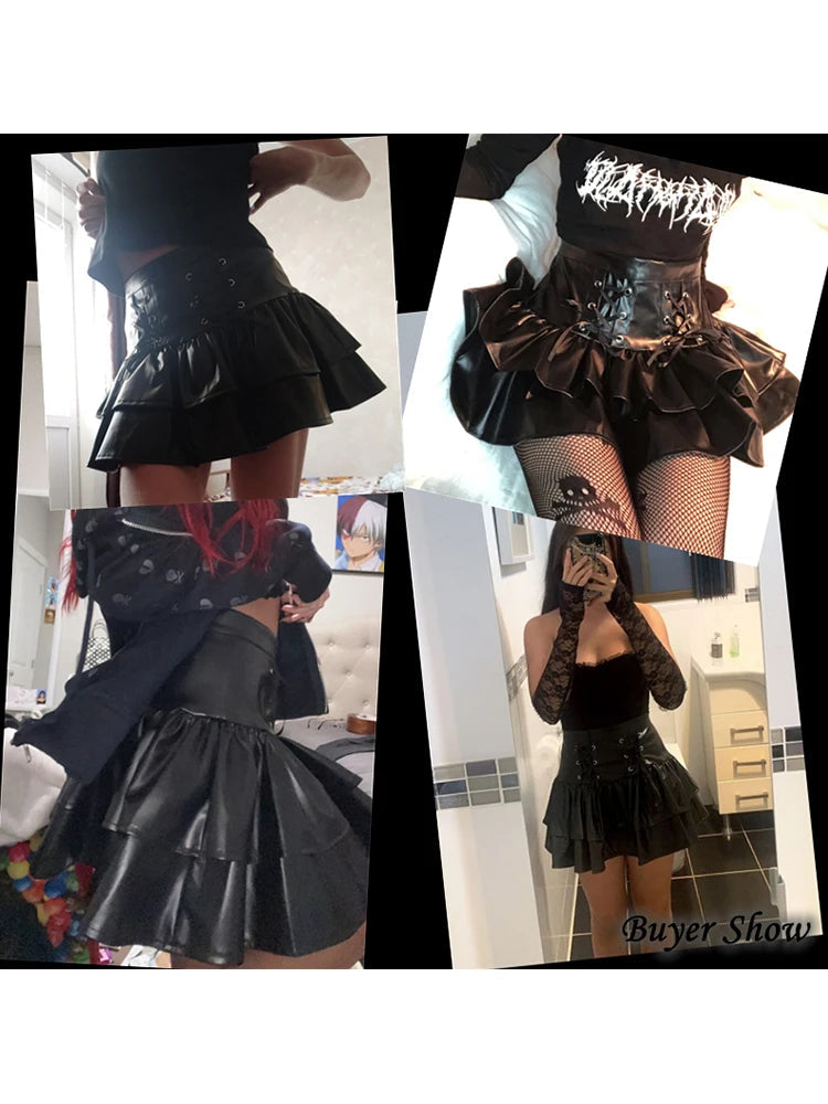 Mall Goth Punk PU Skirt Women Dark Gothic Vintage Bandage High Waist Lolita Skirt Harajuku Streetwear Emo Alt Clubwear voguable