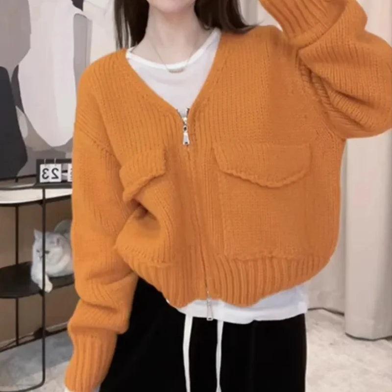 Women's Zip Up Knit Cardigan with Pocket V-neck Zipper Front Crop Sweater Jacket Female Teen-girl Autumn Winter Y2K Outfit voguable