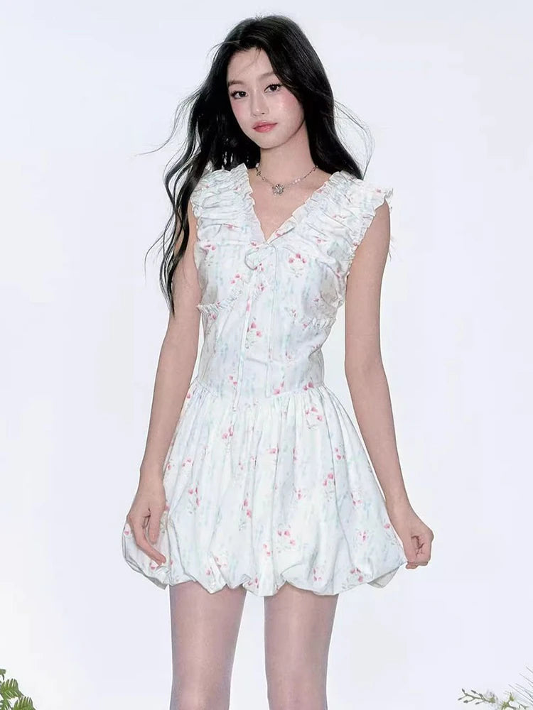 Floral V Neck Sexy Dress Women Casual Elegant Sleeveless Mini Dress Vintage Lace Up Female Korean Summer Beach Style Dress voguable