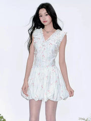 Floral V Neck Sexy Dress Women Casual Elegant Sleeveless Mini Dress Vintage Lace Up Female Korean Summer Beach Style Dress voguable