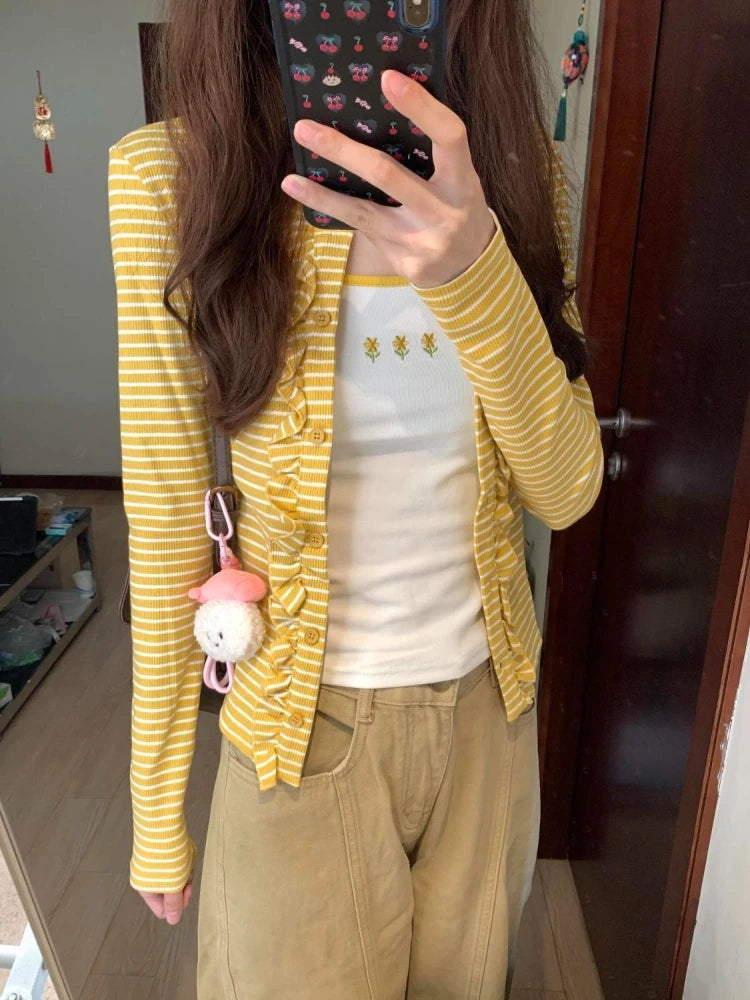 Voguable  Sweet Fungus Panelled Stripe Set Cardigan Knit Sling Spice Girls Tanks All-match Slim Casual Minority Soft Gentle Jumper voguable