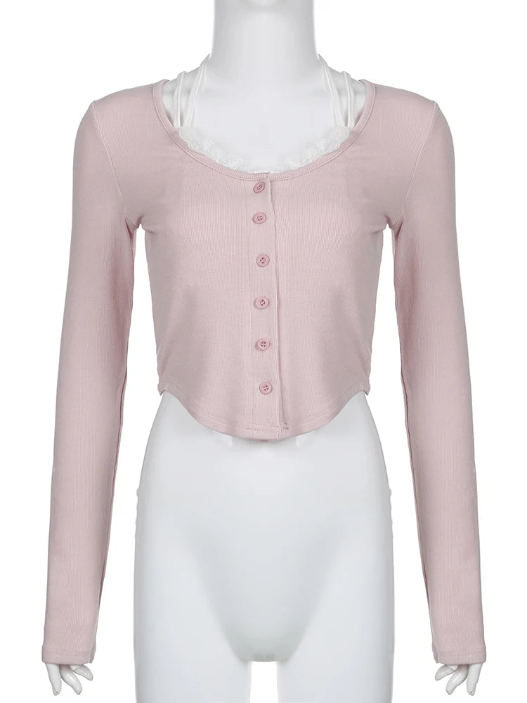 Voguable  Lace Patchwork Fake Two Piece T-shirt Coquette Aesthetic Kawaii Crop Top Janpanese Fashion Button Up Cardigan Women voguable